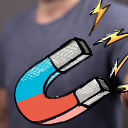 a guy pointing at the screen and a cartoon horseshoe magnet floats in front of him.