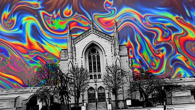 Marsh Chapel, Boston, in black and white and skewed towards the left, with a psychedelic rainbow sky behind it
