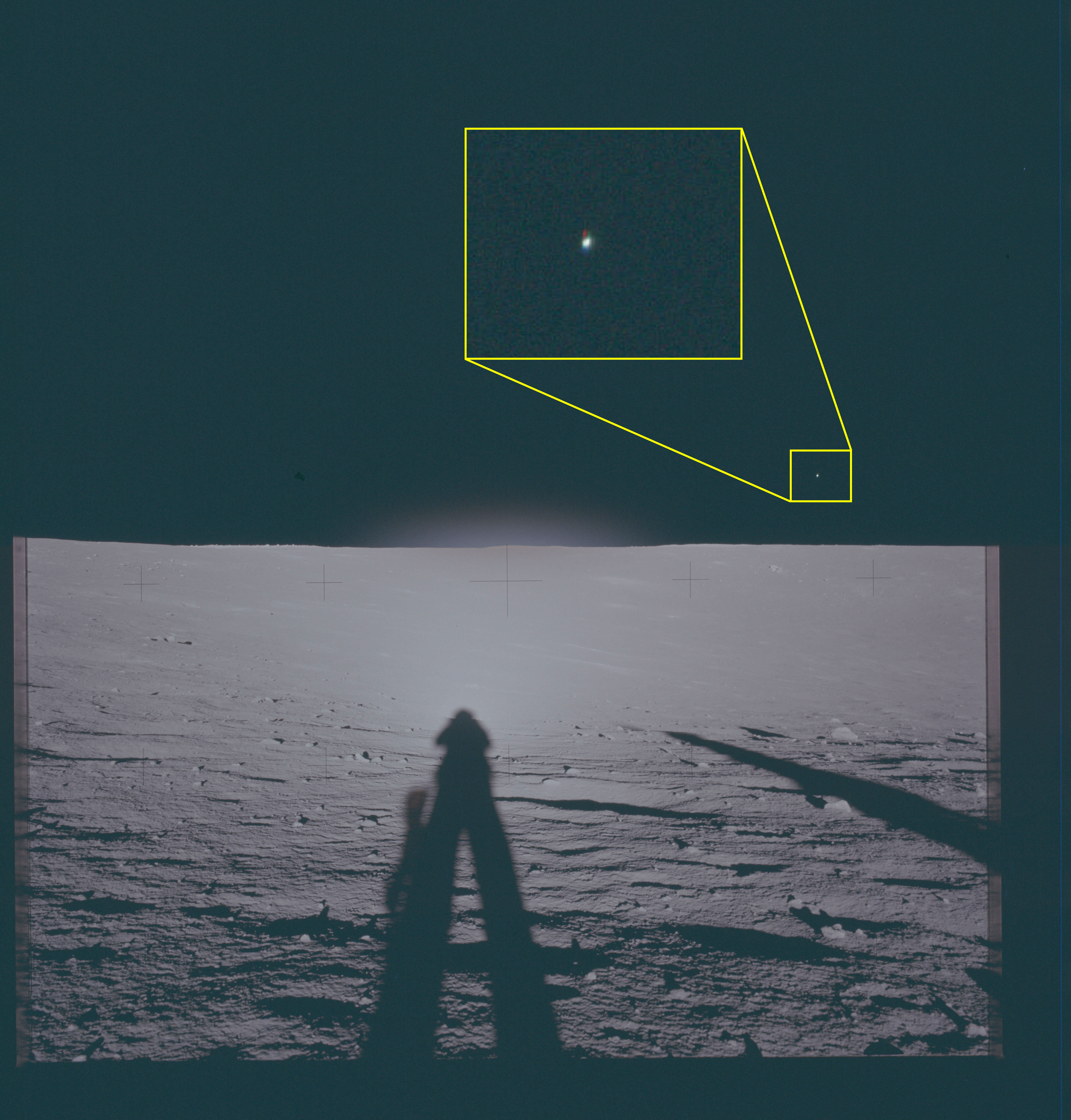 the picture of an astronaut shadow on the moon and in the sky a round dot. the picture of an astronaut shadow on the moon and in the sky a round dot.