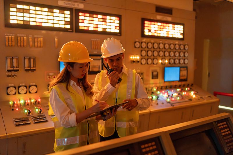 Two young nuclear engineers stand in a control room surrounded by panels with buttons and lights. They are wearing hard hats and high visibility jackets. The female engineer is standing on left and examining a clipboard while the male engineer to her right is talking into a walkie-talkie.  