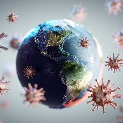 concept art of pandemic; virus particles surrounding a globe