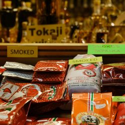 A variety of different paprika powders being sold at a market in Hungary.