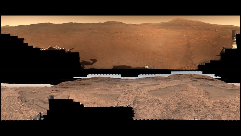 two 360 vieww showing the martian landscape. Percy's one shows a lot more sand and dusty mountains, curiosity is filled with rocks and structers 