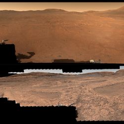 two 360 vieww showing the martian landscape. Percy's one shows a lot more sand and dusty mountains, curiosity is filled with rocks and structers 