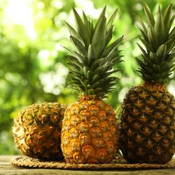 Fresh ripe pineapples on wooden table against blurred background