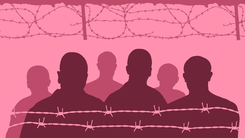 illustration of human silhouettes with barbed wire above and below to represent being jailed, all in shades of pink on a background in the specific shade of Baker-Miller pink