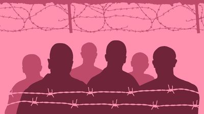 illustration of human silhouettes with barbed wire above and below to represent being jailed, all in shades of pink on a background in the specific shade of Baker-Miller pink
