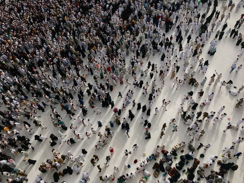 Crowds of people from above.