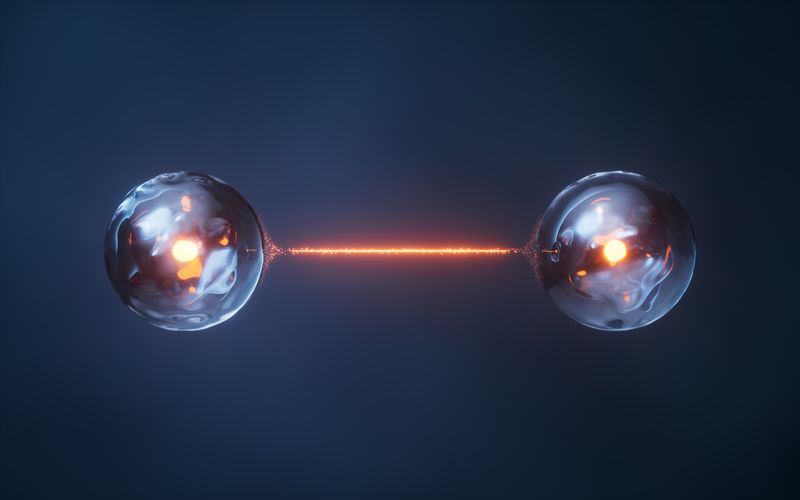 artist impression of two particles connected by a beam of light