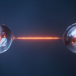 artist impression of two particles connected by a beam of light