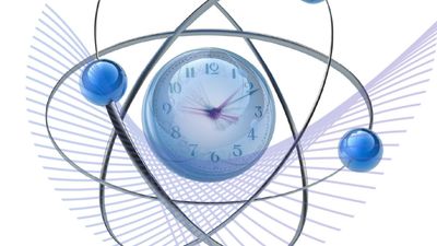 a clock sits at the center of orbital representation of an atom