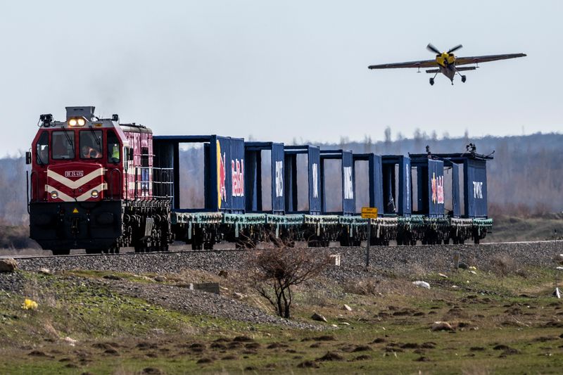 Dario Costa performs first landing and taking off from a moving cargo train in Afyonkarahisar, Turkey on February 15, 2026.