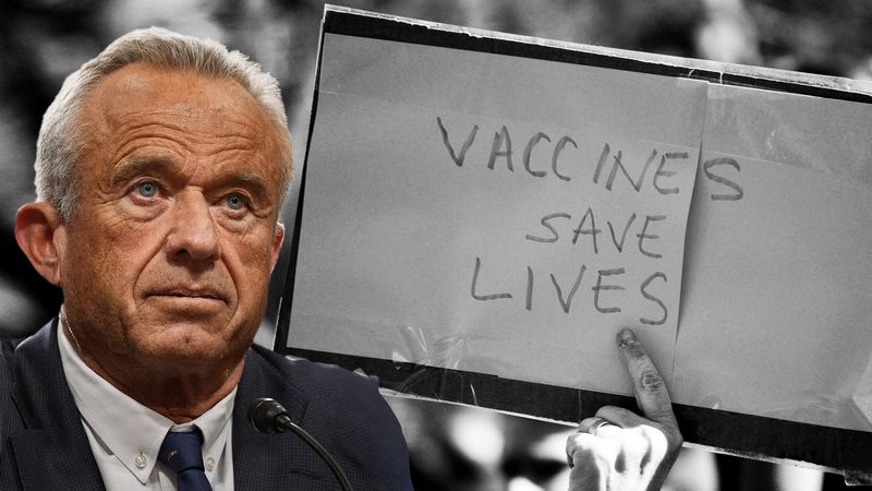 RFK jr against a black and white backdrop of a demonstration sign reading "vaccines save lives"
