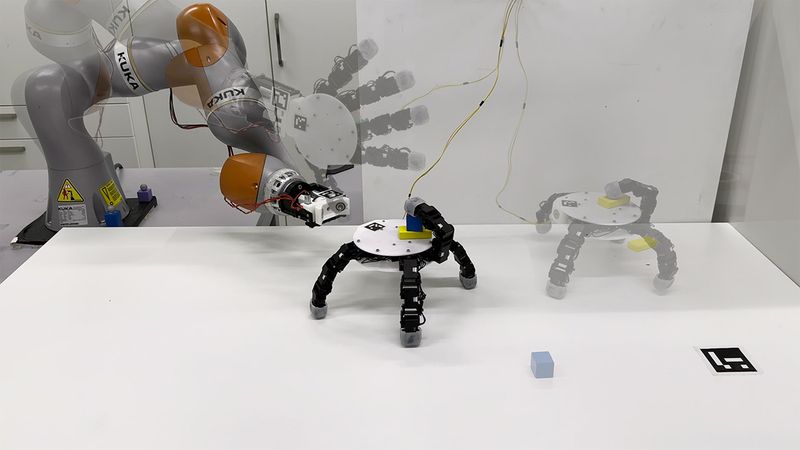 The robotic hand can detach, crawl to retrieve several objects, and reattach.