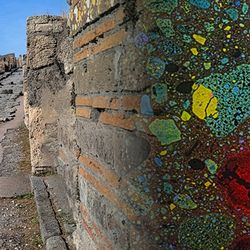 An ancient Pompeii wall at a newly excavated site, where Associate Professor Admir Masic applied compositional analysis (overlayed to right) to understand how ancient Romans made concrete that has endured for thousands of years.