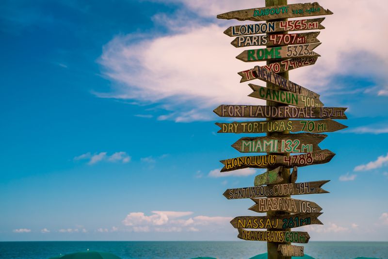 A sign post with multiple signs pointing in the direction of many global cities and how many miles away they are