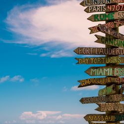 A sign post with multiple signs pointing in the direction of many global cities and how many miles away they are