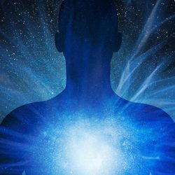 Human sillhouteed with an exploding star inside, stretching into a space background
