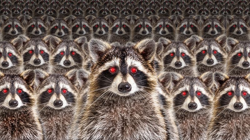 An image showing rows of racoons with red eyes lined up like a legion. 