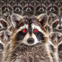 An image showing rows of racoons with red eyes lined up like a legion. 