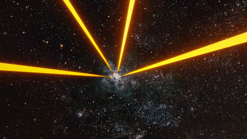 a photo of the tarantula nebula and for laser beams shooting into the sky towards it.