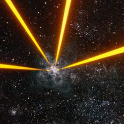 a photo of the tarantula nebula and for laser beams shooting into the sky towards it.