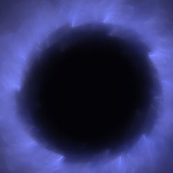 A huge spherical dark void with blue light around it 