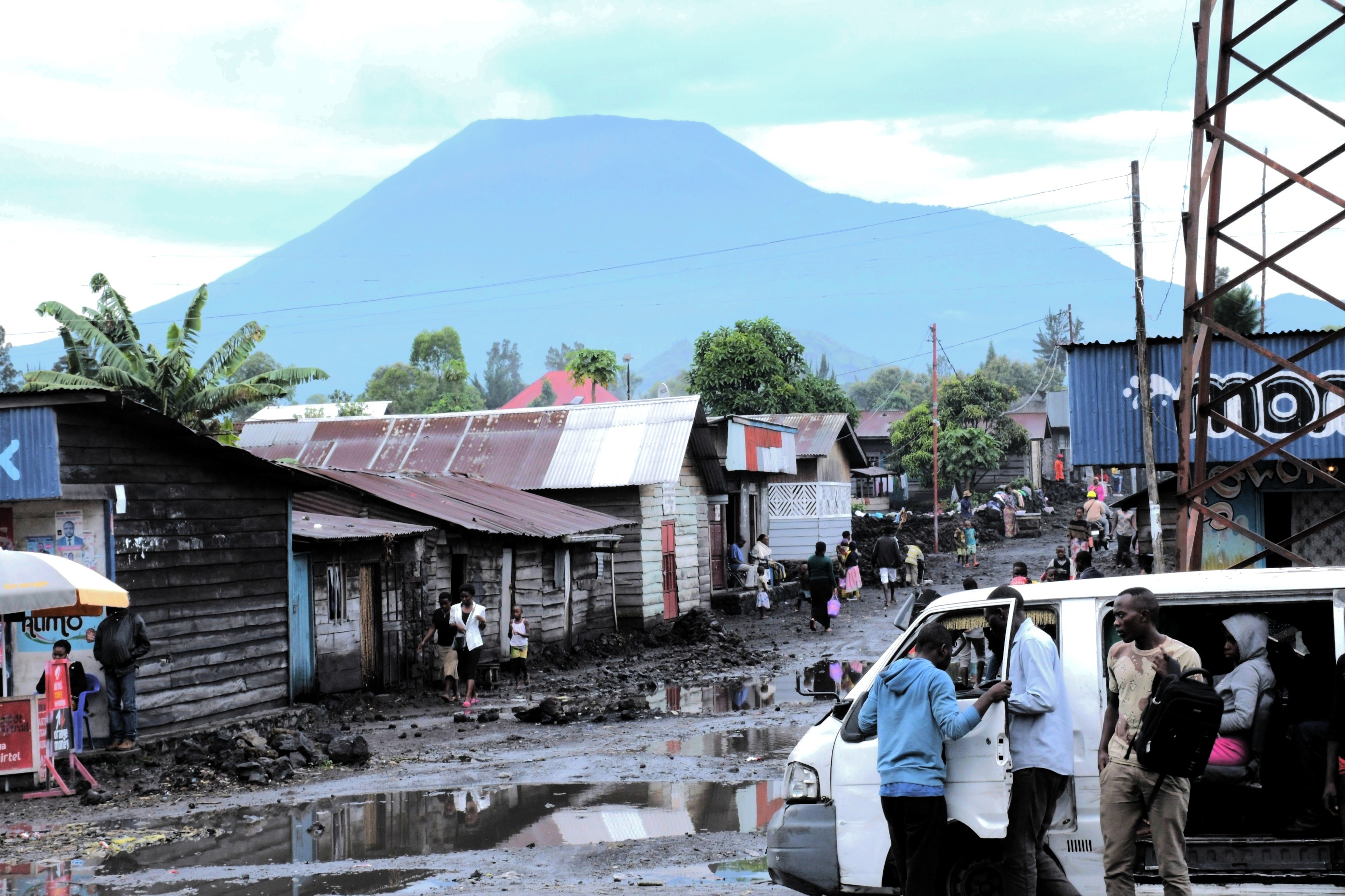 street in Goma, DRC, with Mt Nyiragongo in the background