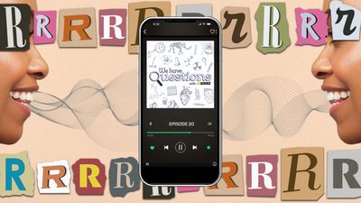 In the foreground, an episode of IFLScience We Have Questions plays on a smart phone. In the background, there is a collage of several newspaper and magazine style letter Rs and on each side, a happy looking woman speaking.