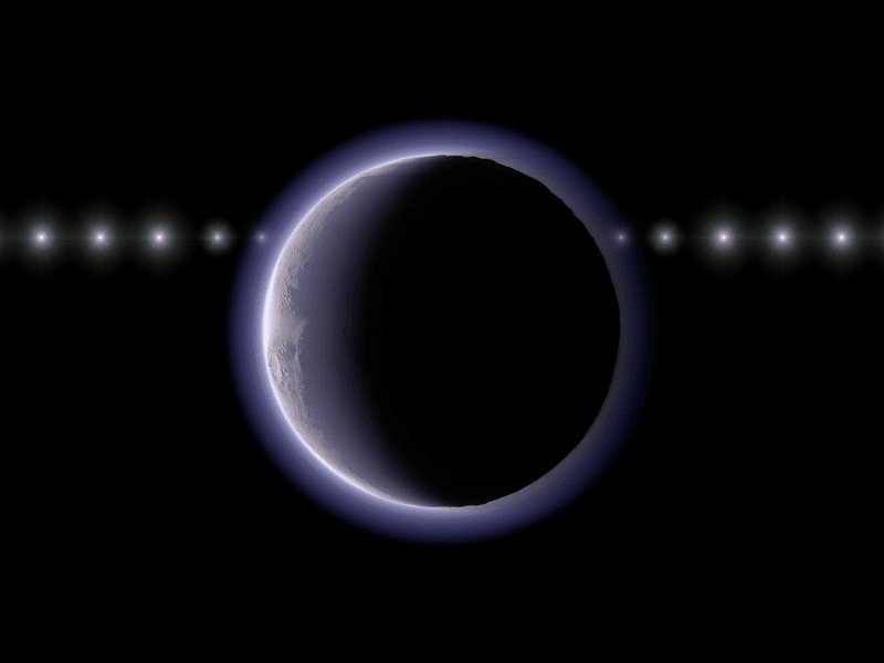 a spherical world with a thin atmosphere is in the foreground and behind it there are multiple copies of the same star in a line, dimming as it encounters the atmosphere.