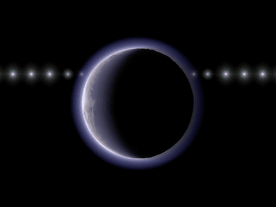a spherical world with a thin atmosphere is in the foreground and behind it there are multiple copies of the same star in a line, dimming as it encounters the atmosphere.