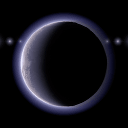 a spherical world with a thin atmosphere is in the foreground and behind it there are multiple copies of the same star in a line, dimming as it encounters the atmosphere.