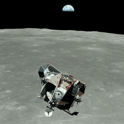 The Apollo 11 Lunar Module ascent stage above the Moon.