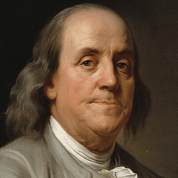 A painted portrait of Benjamin Franklin.