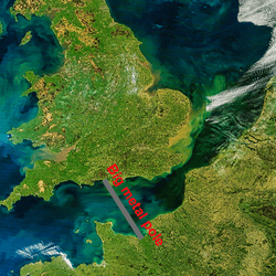 A map of the UK and France, connected by a metal pole.