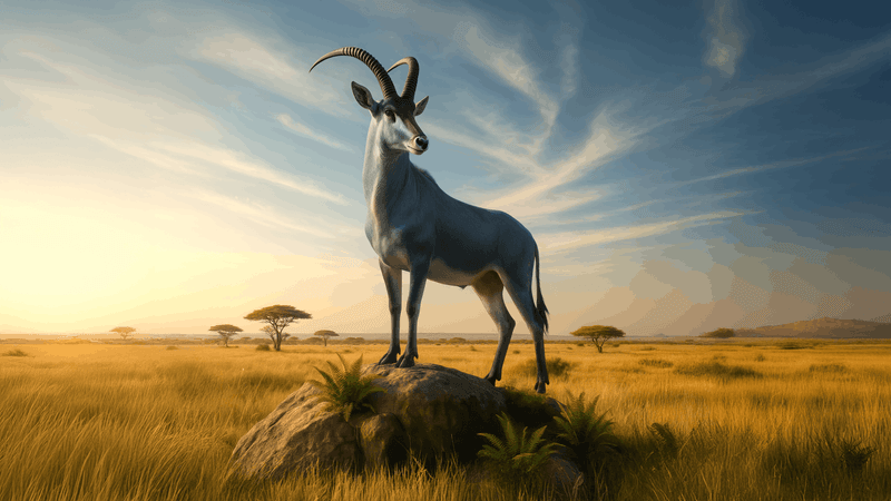 A rendering of a bluebuck in Africa standing on a small mound amid a grassland habitat.