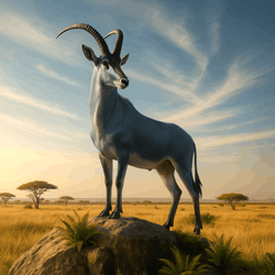 A rendering of a bluebuck in Africa standing on a small mound amid a grassland habitat.