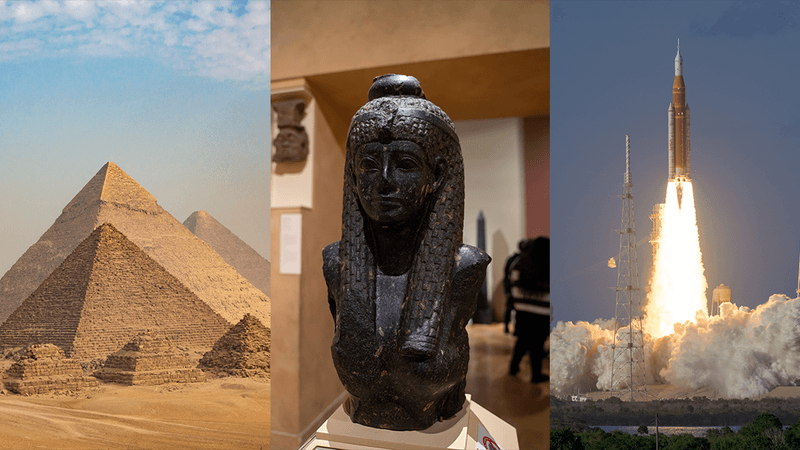 From left to right: a photo of the pyramids at Giza on a sunny day; a statue of Cleopatra in a museum; the rocket launch of Artemis II