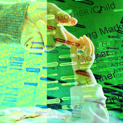 composite image to illustrate DNA parental testing in shades of green, including images of DNA fingerprinting readouts, a parent holding a young baby's hand, a gloved hand holding a pen indicating at a paternity test result, and a test tube