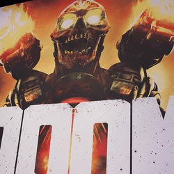 A poster for the game DOOM featuring a demon with two weapons on its shoulders.