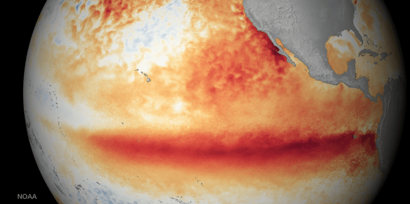 Satellite sea surface temperature departure in the Pacific Ocean for the month of October 2015, with darker orange-red colors showing above normal temperatures - a clear sign of El Niño.