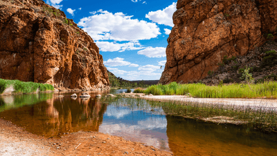 Finke River slinks through the Glen Helen Gorge in the Northern Territory of Australia.   