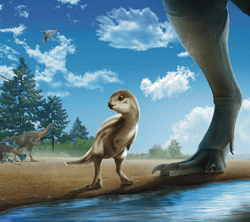 Artist's impression of Doolysaurus huhmini in its environment, with birds and non-avian dinosaurs of the era around it.