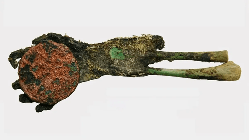A mummified green hand, holding a copper coin.