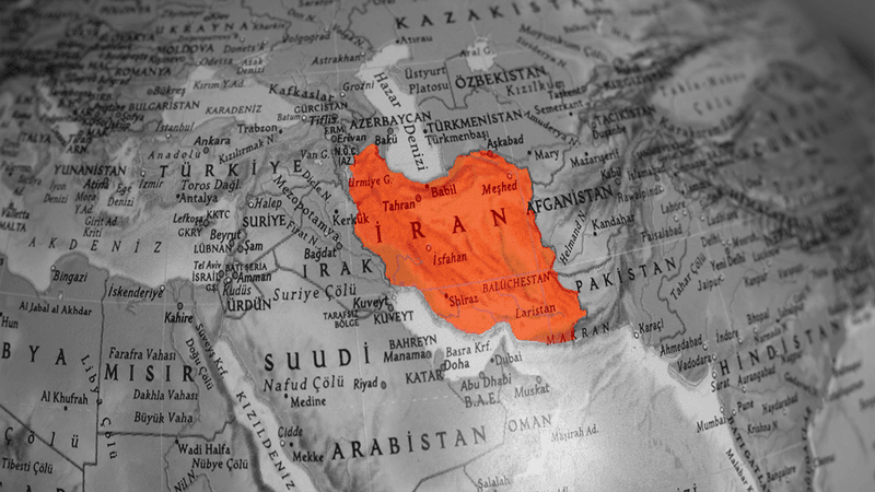A map, highlighting the location of Iran in red.