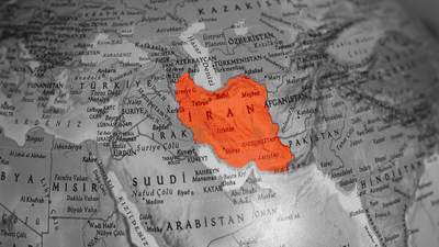 A map, highlighting the location of Iran in red.