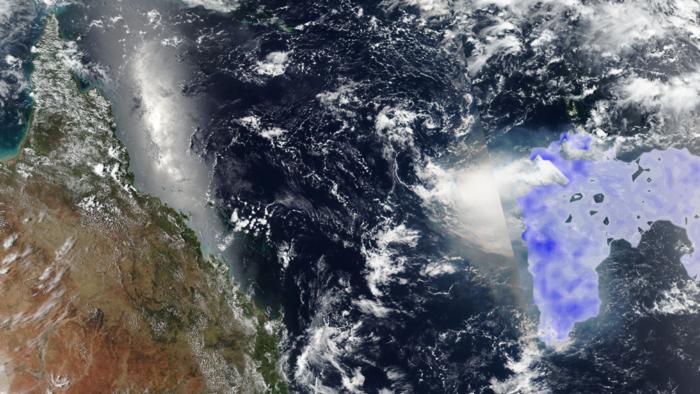 The purplish color represents formaldahyde seen in the plume from the Tonga eruption on January 16, 2022 as seen by the VIIRS satellite 