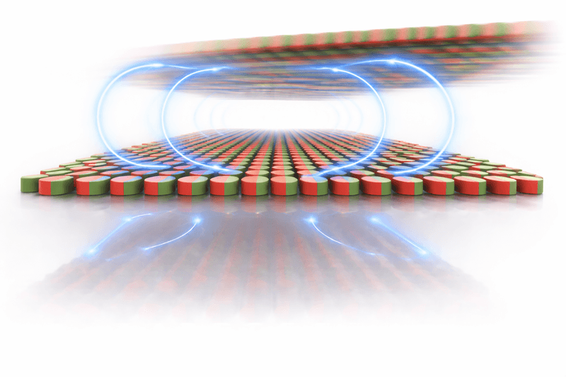 Schematic of two magnetic layers composed of permanent magnets. The magnets in the upper layer are free to rotate, while those in the lower layer are fixed. When the layers move relative to each other, the upper magnets periodically reorient, dissipating energy and giving rise to contactless friction
