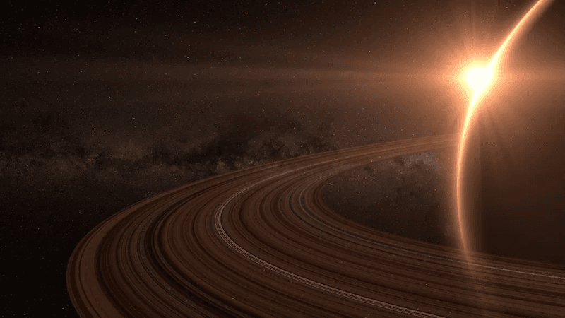artist impression of rings around Mars silhoutted as the sun appears from behind it