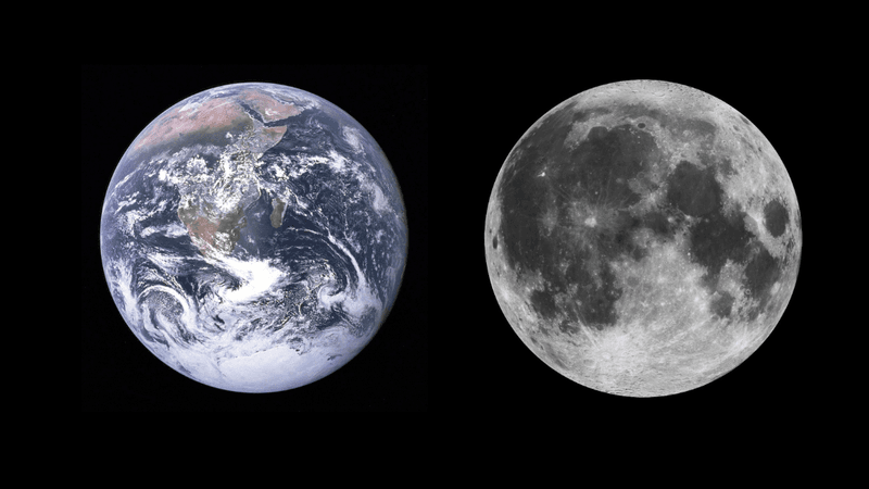 planet earth next to a photo of the full moon